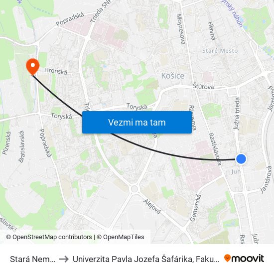 Stará Nemocnica to Univerzita Pavla Jozefa Šafárika, Fakulta Verejnej Správy map