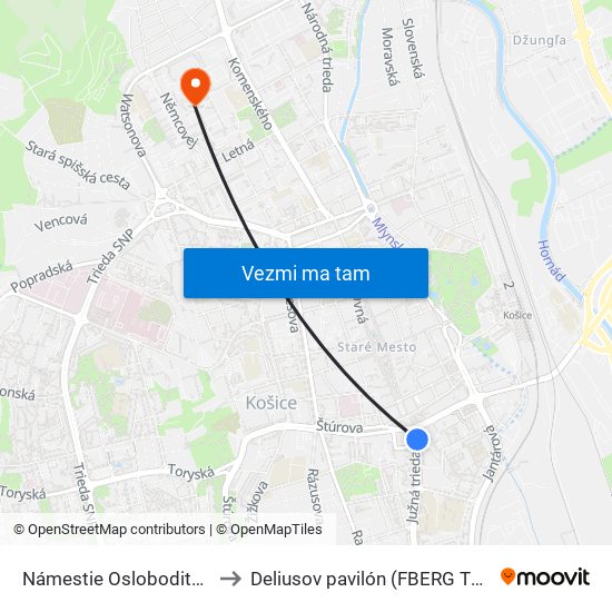 Námestie Osloboditeľov to Deliusov pavilón (FBERG TUKE) map