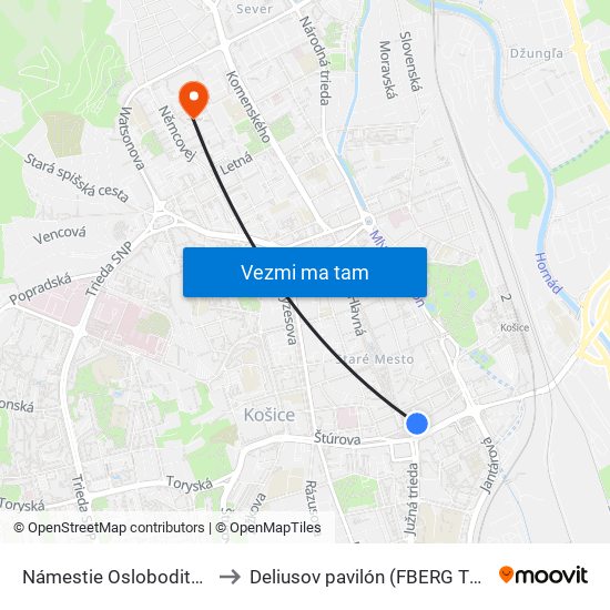 Námestie Osloboditeľov to Deliusov pavilón (FBERG TUKE) map