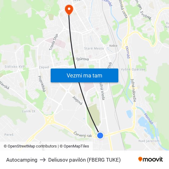 Autocamping to Deliusov pavilón (FBERG TUKE) map