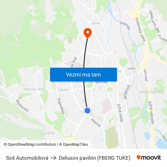 Soš Automobilová to Deliusov pavilón (FBERG TUKE) map