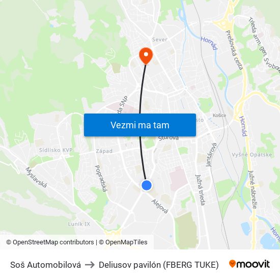 Soš Automobilová to Deliusov pavilón (FBERG TUKE) map