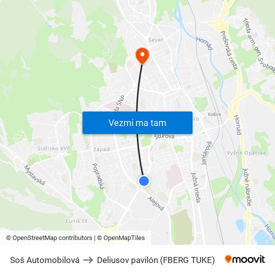 Soš Automobilová to Deliusov pavilón (FBERG TUKE) map