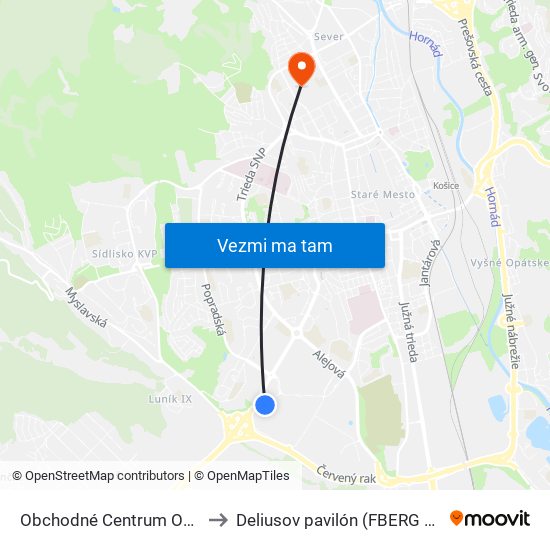 Obchodné Centrum Optima to Deliusov pavilón (FBERG TUKE) map