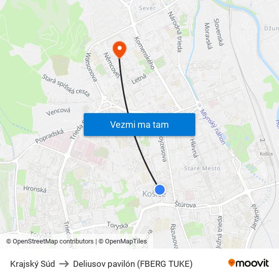 Krajský Súd to Deliusov pavilón (FBERG TUKE) map