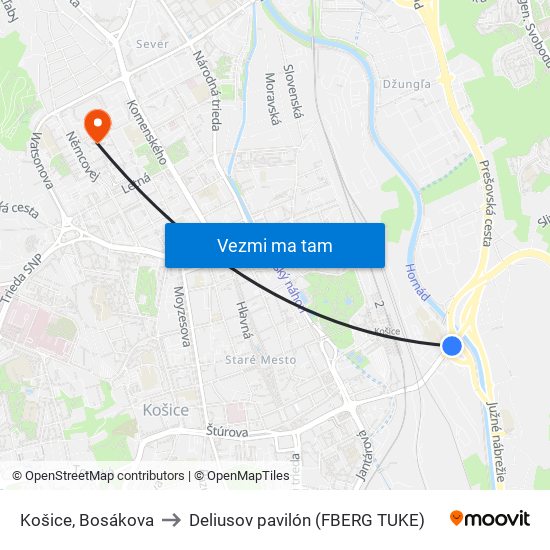 Košice, Bosákova to Deliusov pavilón (FBERG TUKE) map