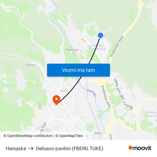 Hanojská to Deliusov pavilón (FBERG TUKE) map