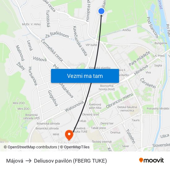 Májová to Deliusov pavilón (FBERG TUKE) map