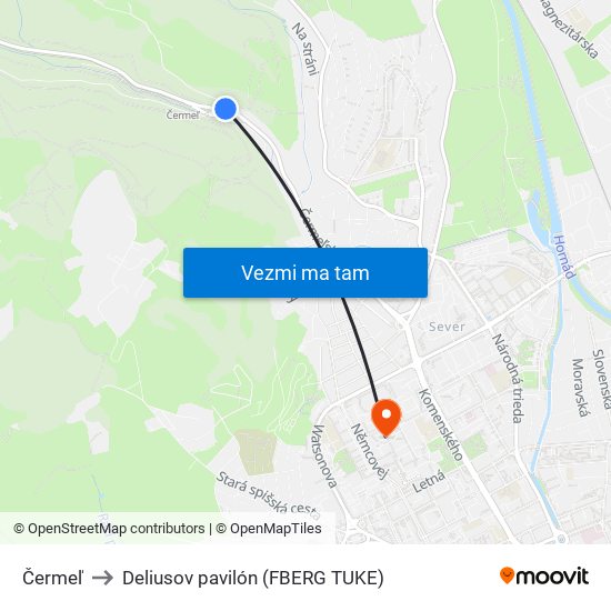 Čermeľ to Deliusov pavilón (FBERG TUKE) map