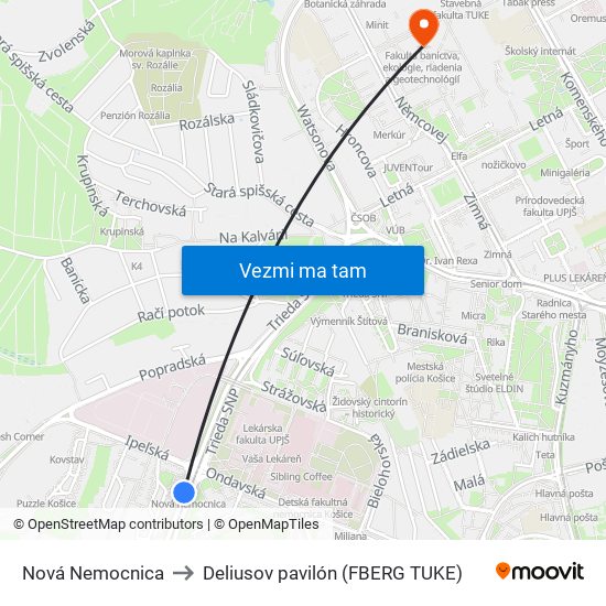 Nová Nemocnica to Deliusov pavilón (FBERG TUKE) map