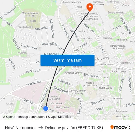 Nová Nemocnica to Deliusov pavilón (FBERG TUKE) map