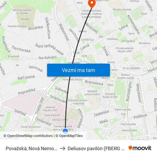 Považská, Nová Nemocnica to Deliusov pavilón (FBERG TUKE) map