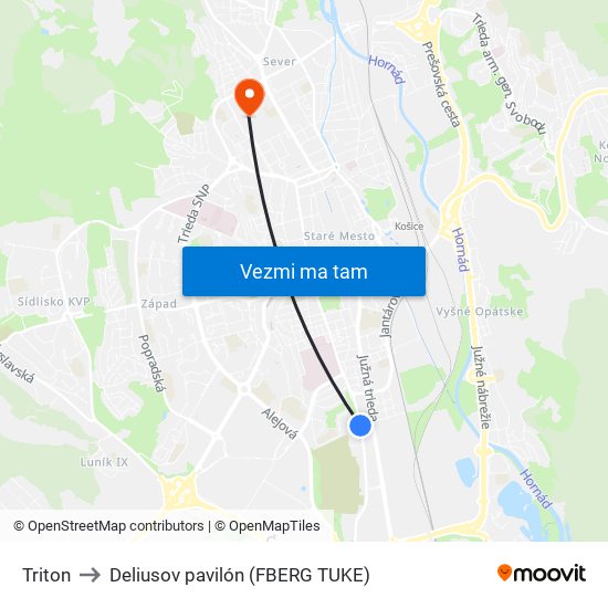 Triton to Deliusov pavilón (FBERG TUKE) map
