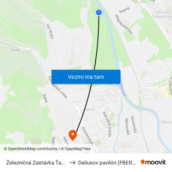 Železničná Zastávka Ťahanovce to Deliusov pavilón (FBERG TUKE) map