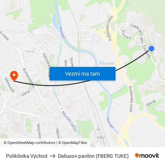 Poliklinika Východ to Deliusov pavilón (FBERG TUKE) map