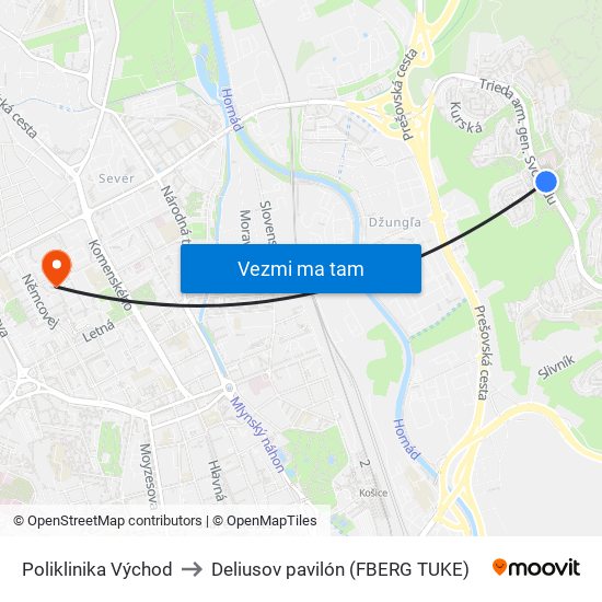 Poliklinika Východ to Deliusov pavilón (FBERG TUKE) map