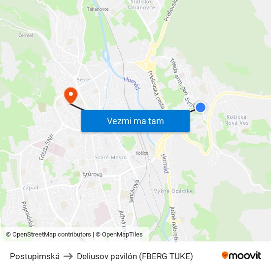 Postupimská to Deliusov pavilón (FBERG TUKE) map