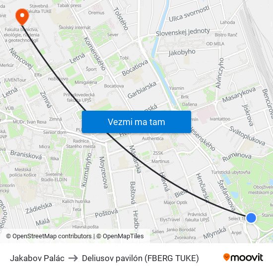 Jakabov Palác to Deliusov pavilón (FBERG TUKE) map