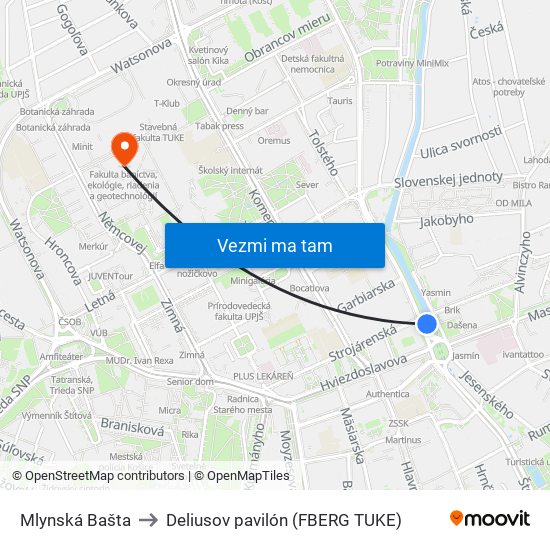 Mlynská Bašta to Deliusov pavilón (FBERG TUKE) map