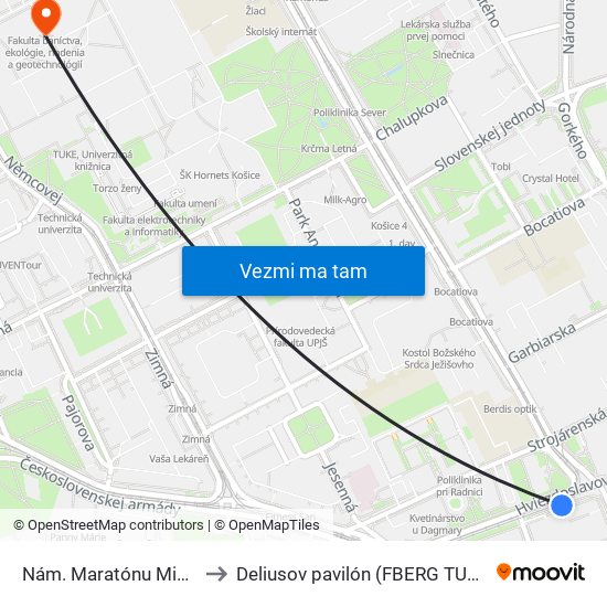 Nám. Maratónu Mieru to Deliusov pavilón (FBERG TUKE) map