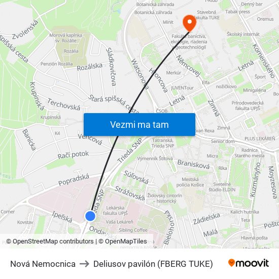 Nová Nemocnica to Deliusov pavilón (FBERG TUKE) map