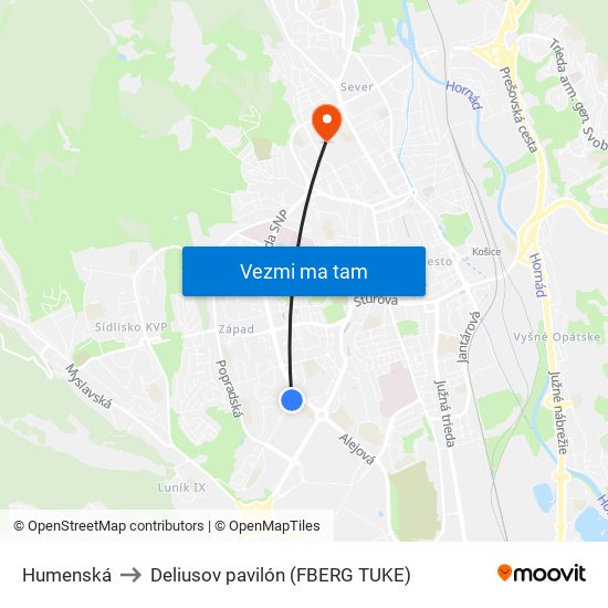 Humenská to Deliusov pavilón (FBERG TUKE) map