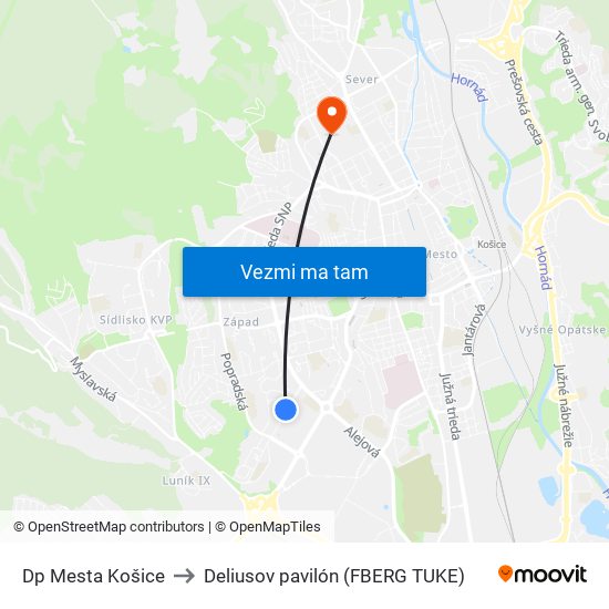 Dp Mesta Košice to Deliusov pavilón (FBERG TUKE) map