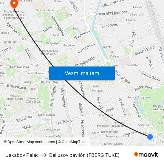 Jakabov Palác to Deliusov pavilón (FBERG TUKE) map