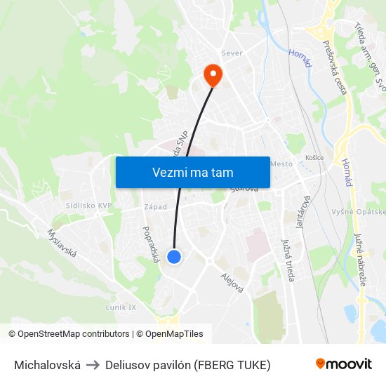 Michalovská to Deliusov pavilón (FBERG TUKE) map