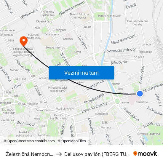 Železničná Nemocnica to Deliusov pavilón (FBERG TUKE) map