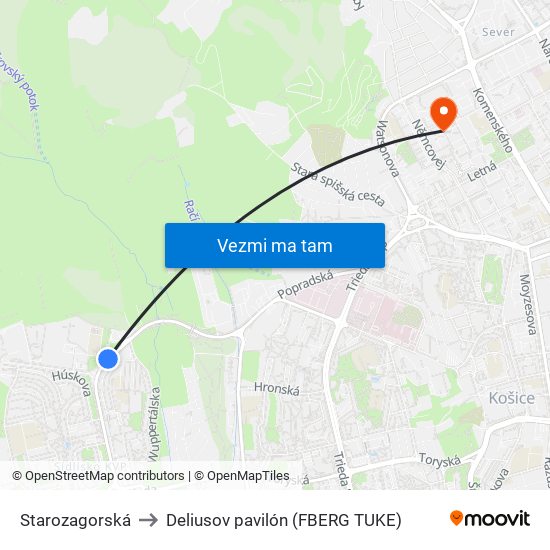 Starozagorská to Deliusov pavilón (FBERG TUKE) map