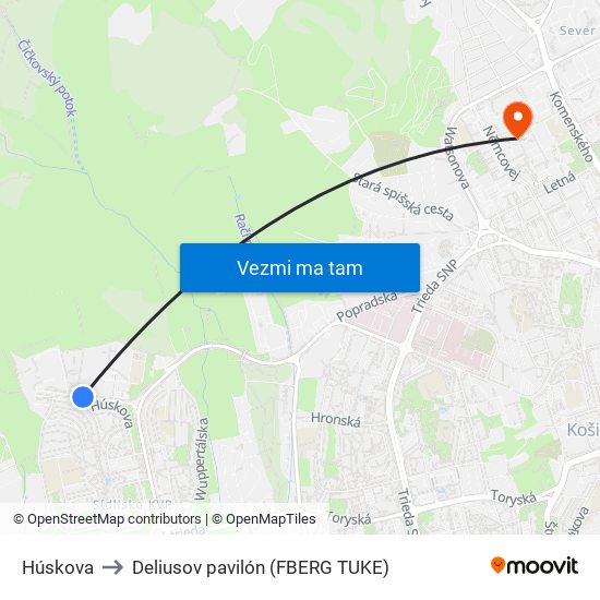 Húskova to Deliusov pavilón (FBERG TUKE) map