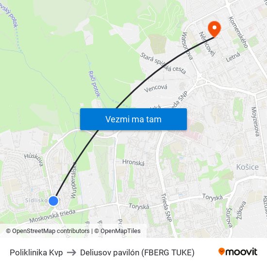 Poliklinika Kvp to Deliusov pavilón (FBERG TUKE) map