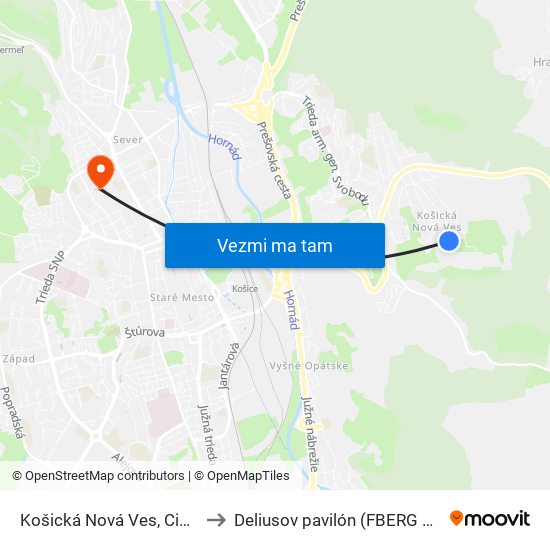 Košická Nová Ves, Cintorín to Deliusov pavilón (FBERG TUKE) map