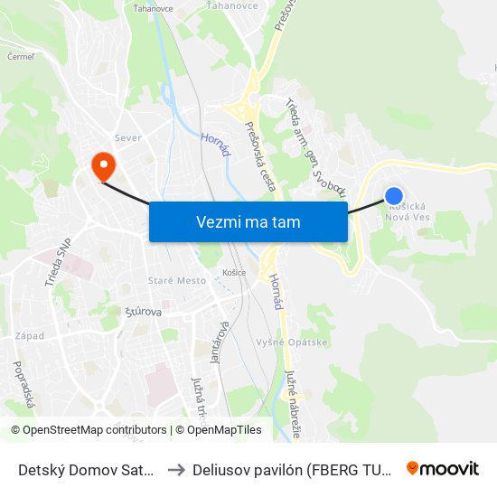 Detský Domov Satelit to Deliusov pavilón (FBERG TUKE) map