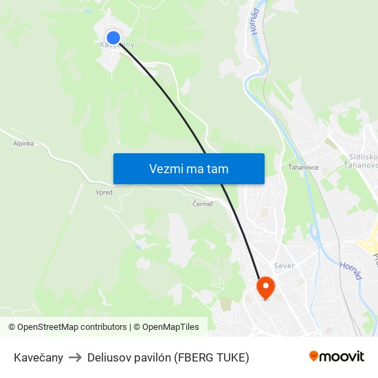 Kavečany to Deliusov pavilón (FBERG TUKE) map