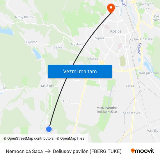 Nemocnica Šaca to Deliusov pavilón (FBERG TUKE) map