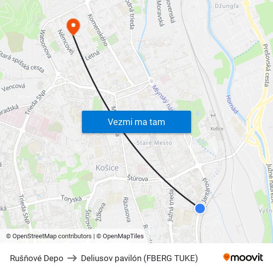 Rušňové Depo to Deliusov pavilón (FBERG TUKE) map