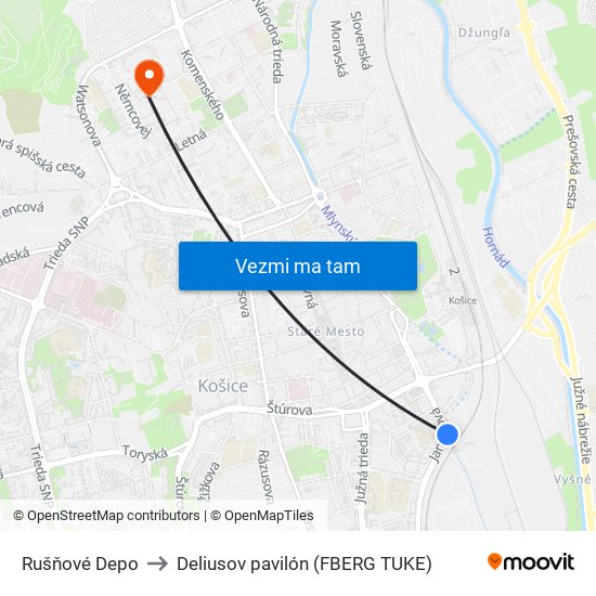 Rušňové Depo to Deliusov pavilón (FBERG TUKE) map