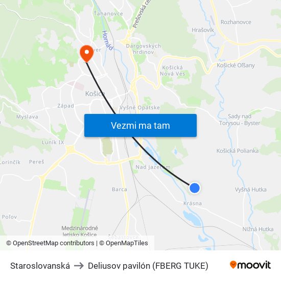 Staroslovanská to Deliusov pavilón (FBERG TUKE) map