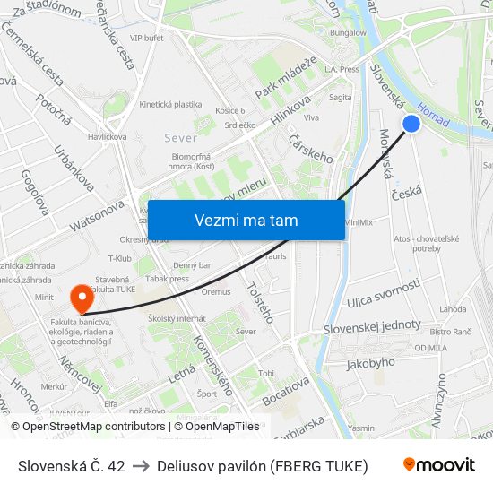 Slovenská Č. 42 to Deliusov pavilón (FBERG TUKE) map