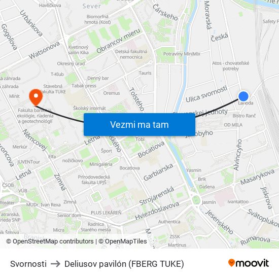 Svornosti to Deliusov pavilón (FBERG TUKE) map