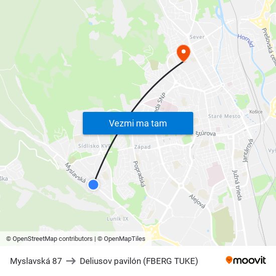 Myslavská 87 to Deliusov pavilón (FBERG TUKE) map