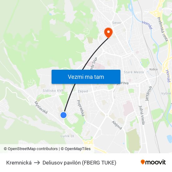 Kremnická to Deliusov pavilón (FBERG TUKE) map