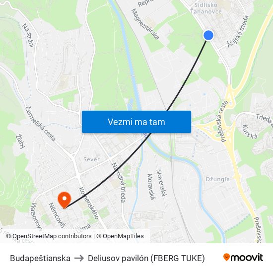 Budapeštianska to Deliusov pavilón (FBERG TUKE) map