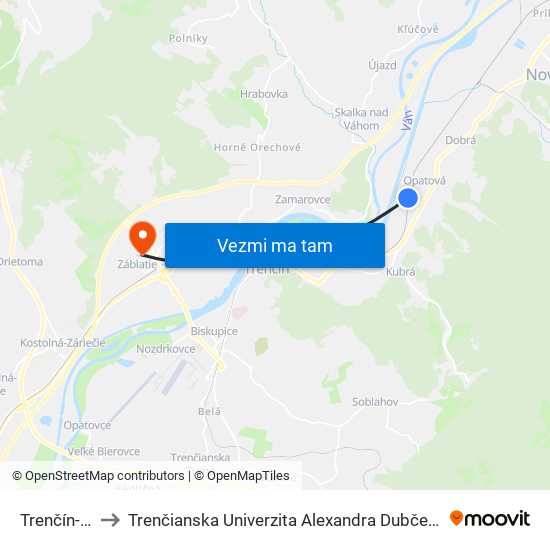 Trenčín-Opatová to Trenčianska Univerzita Alexandra Dubčeka - Fakulta Špeciálnej Techniky map