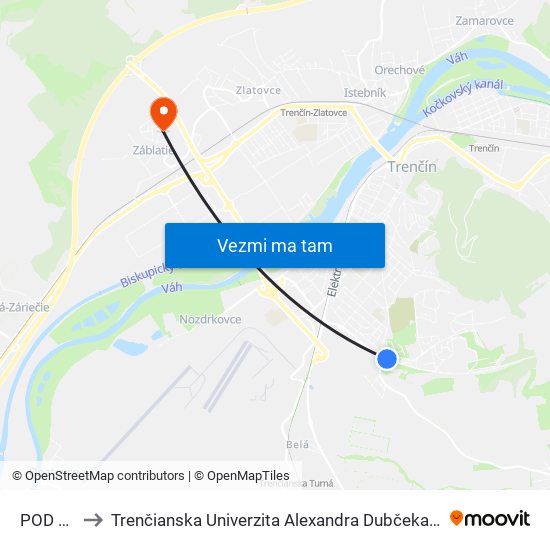 POD Juhom to Trenčianska Univerzita Alexandra Dubčeka - Fakulta Špeciálnej Techniky map