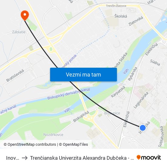 Inovecká to Trenčianska Univerzita Alexandra Dubčeka - Fakulta Špeciálnej Techniky map