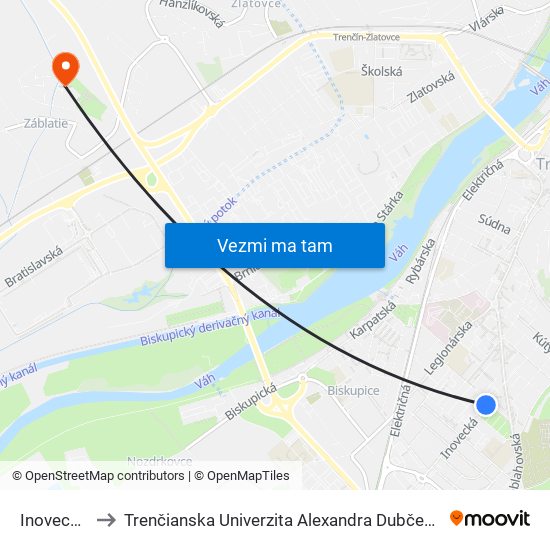 Inovecká, Stred to Trenčianska Univerzita Alexandra Dubčeka - Fakulta Špeciálnej Techniky map