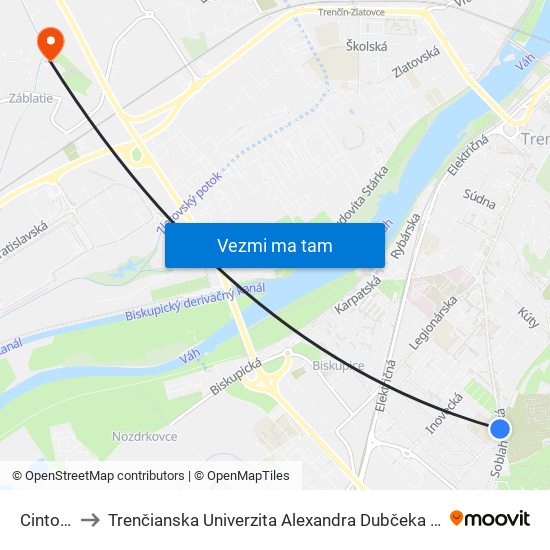 Cintorínska to Trenčianska Univerzita Alexandra Dubčeka - Fakulta Špeciálnej Techniky map